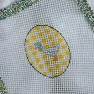 Easter Bluebonnet Goose on Yellow Gingham Egg Needlepoint Canvas | Spring Cottagecore Needlepoint