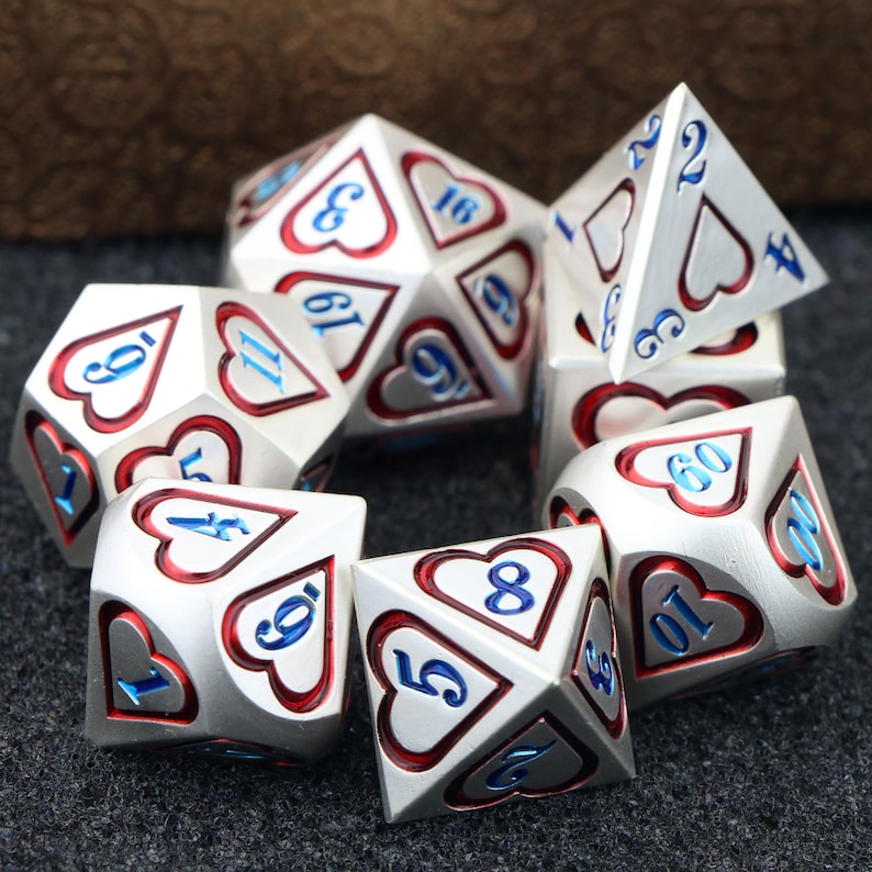 7 Metal Dice Set | Tabletop RPG Gaming dice love heart dice| D4 D6 D8 D10 D12 D20 dice | Dungeons and Dragons DnD