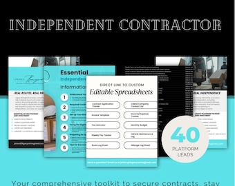 May include: An Essential Digital Package for Independent Contractors. The image shows a collection of documents and spreadsheets, including contract applications, invoice templates, and expense trackers. The package includes 40+ platform leads.