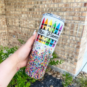 Custom Crayon Teacher Rainbow Glitter Tumbler