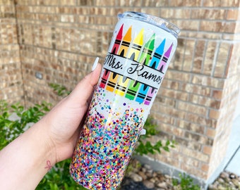 Custom Crayon Teacher Rainbow Glitter Tumbler