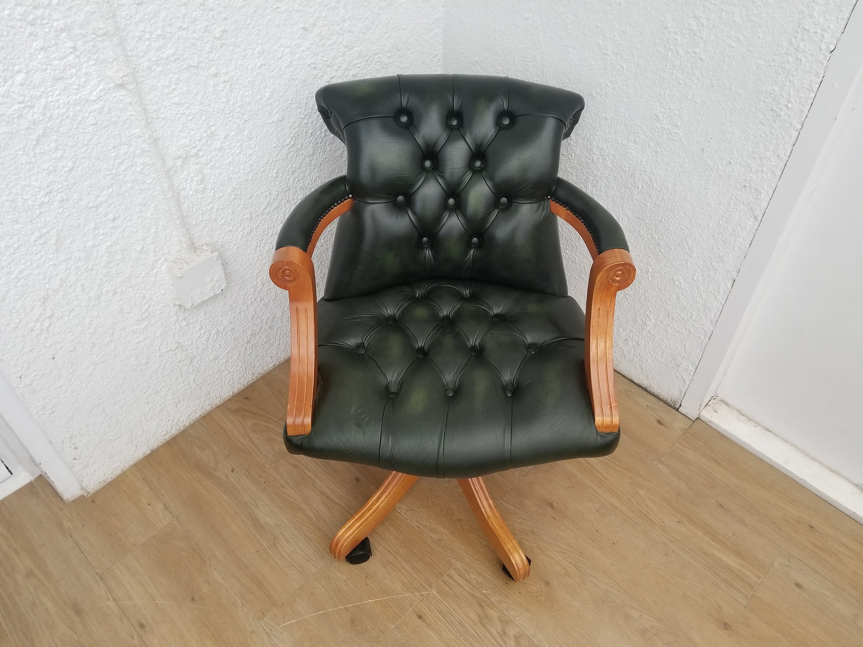 Green Leather Yew Chesterfield Admirals Captains Chair on Etsy UK