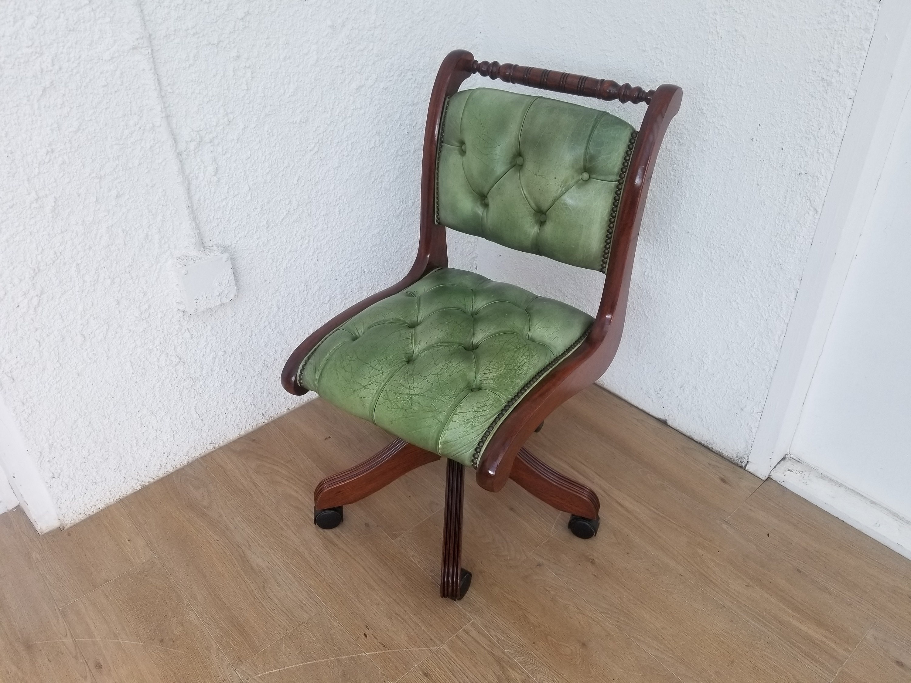 Vintage Green Leather Chesterfield Typist Chair on Swivel Etsy