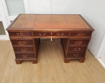 137x76cm Vintage Brown Leather Top Captains Desk (in 3 parts)