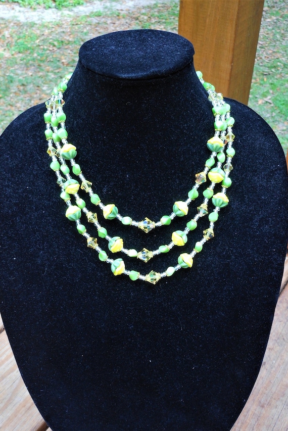 Vintage 3 Strand Green and Yellow glass and crysta