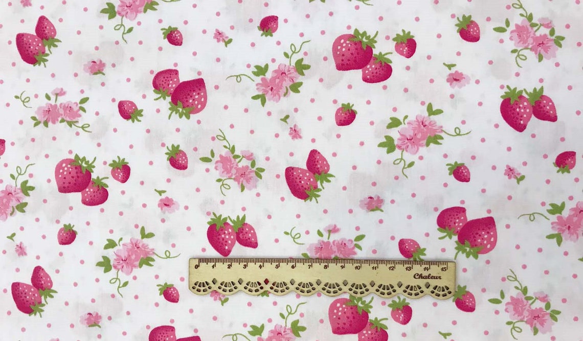 Pink Strawberry Cotton Fabric 100 Cotton Fabric Flower Etsy