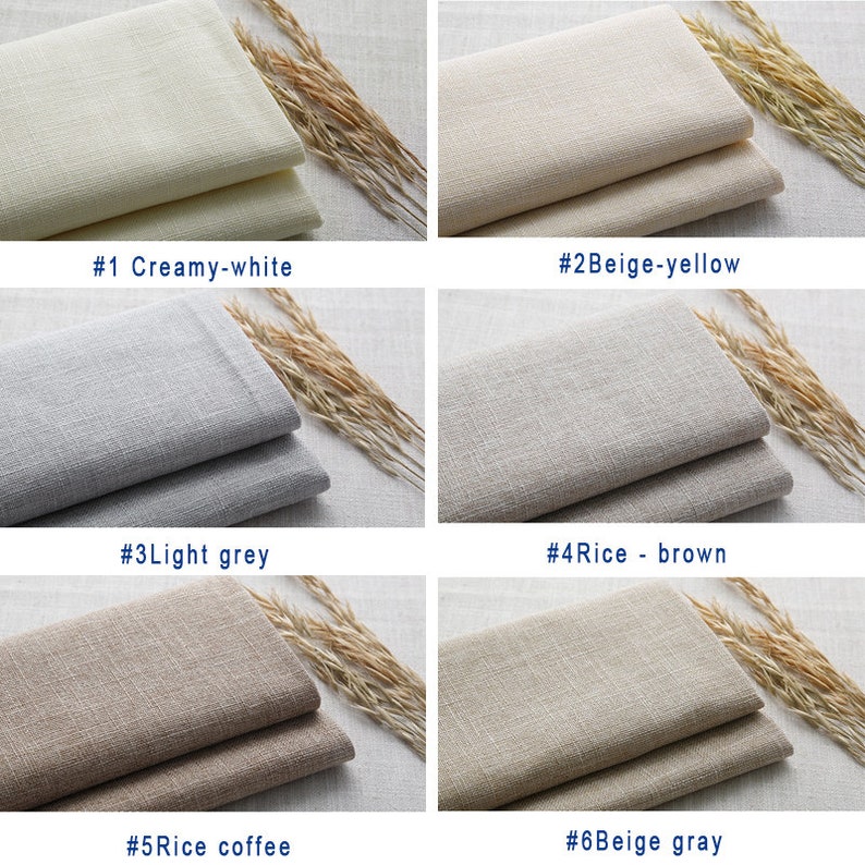 May include: Six fabric swatches in different shades of beige, gray, and white. The swatches are labeled with numbers and color names: #1 Creamy-white, #2 Beige-yellow, #3 Light grey, #4 Rice brown, #5 Rice coffee, #6 Beige gray.