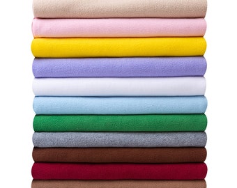 May include: A stack of 12 fleece fabric swatches in various colors, including beige, pink, yellow, lavender, white, light blue, green, gray, brown, red, and tan.