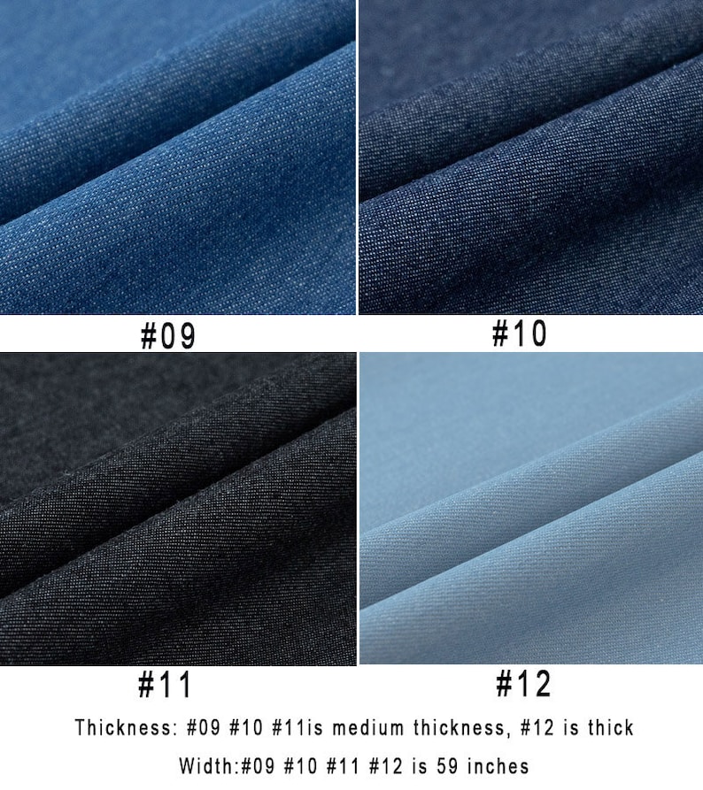 Op de afbeelding: Vier stofstalen in verschillende tinten blauw en zwart. De stalen zijn gemarkeerd met #09, #10, #11 en #12. De tekst onder de stalen luidt: "Dikte: #09 #10 #11 is middeldikke, #12 is dik. Breedte: #09 #10 #11 #12 is 59 inch."