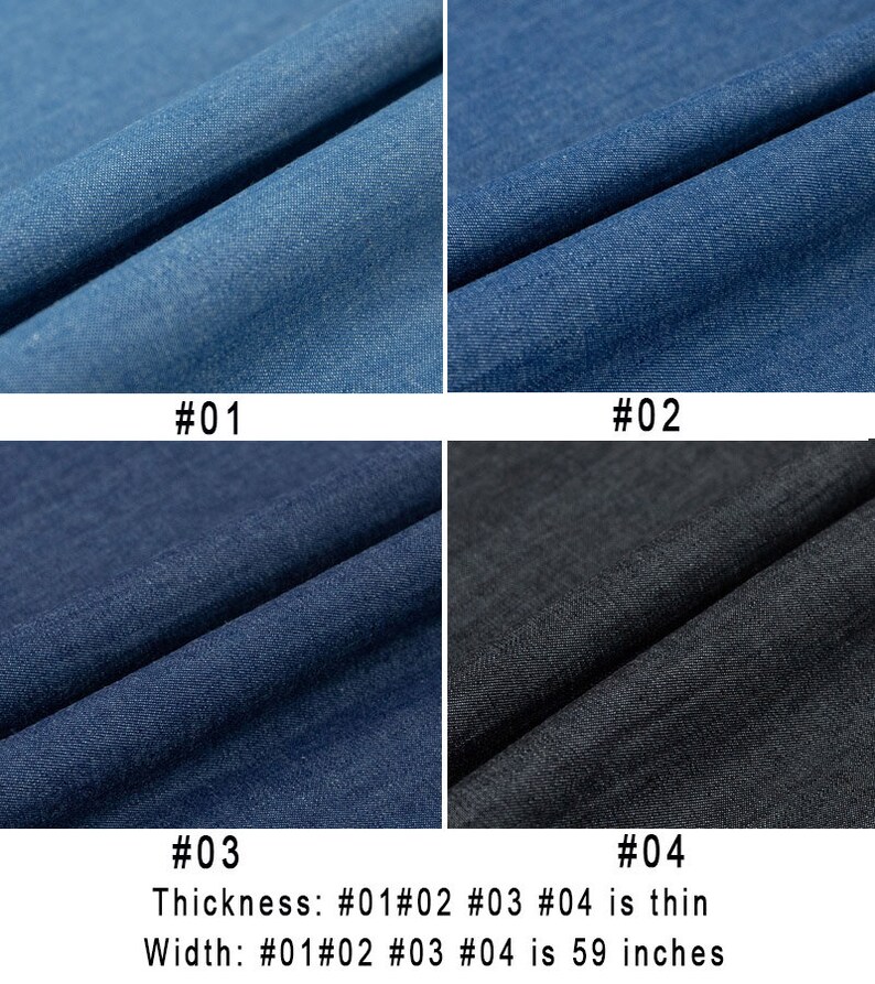 Op de afbeelding: Vier denim stofstalen in verschillende tinten blauw en zwart. De stalen zijn ge&euml;tiketteerd #01, #02, #03 en #04. De tekst onder de stalen luidt "Dikte: #01 #02 #03 #04 is dun" en "Breedte: #01 #02 #03 #04 is 150 cm".
