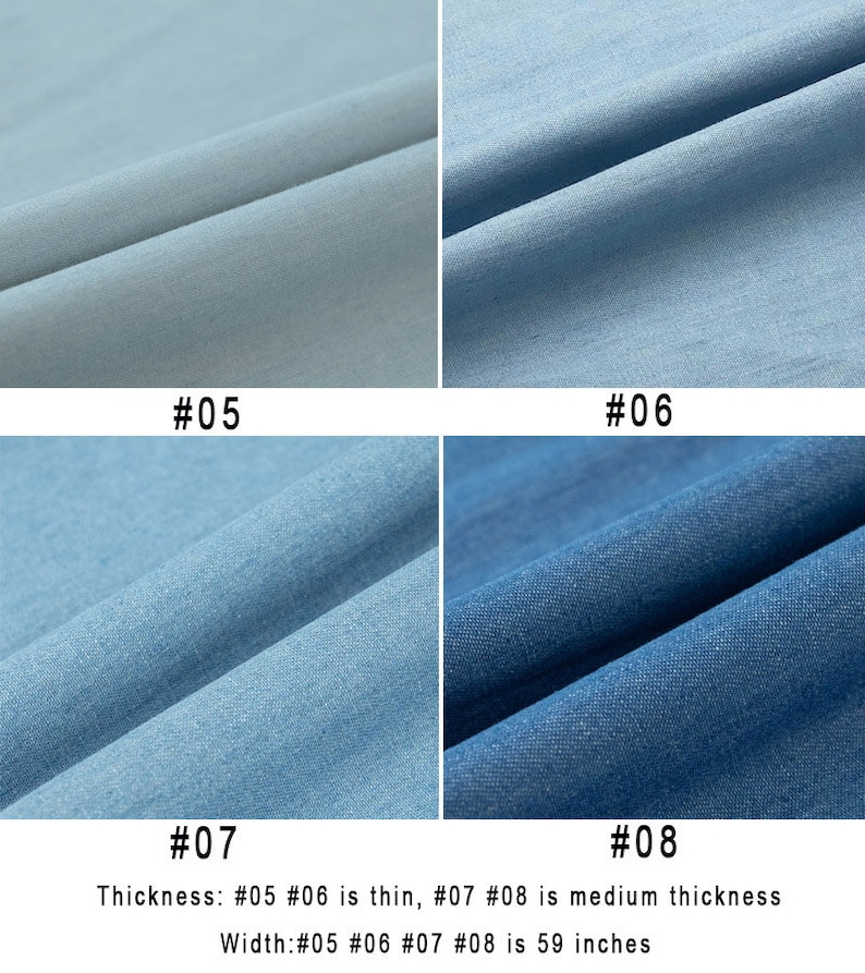 Op de afbeelding: Vier denimstofstalen in verschillende tinten blauw. De stalen zijn gemarkeerd met #05, #06, #07 en #08. De tekst onder de stalen luidt: "Dikte: #05 #06 is dun, #07 #08 is middeldik. Breedte: #05 #06 #07 #08 is 150 cm."