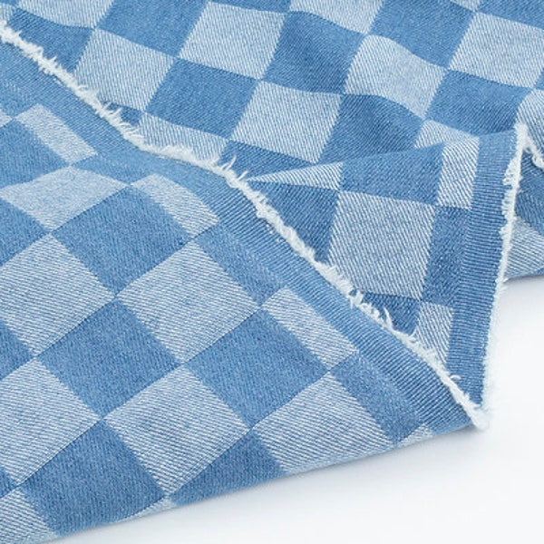 Checkerboard Denim Fabric, Jacquard Geometric Denim Fabric, Washed Denim , Cotton Denim, Check Denim, Heavy Weight Denim,By the Half Yard