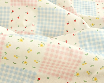 Tela de algodón con estampado floral - Popelina de cuadros vichy con estampado floral estilo cottage chic - Bolsas personalizadas - Hazlo tú mismo - Por media yarda