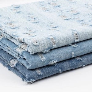 Ripped Jeans Old White Washed Denim Fabric, Cotton Denim Fabric, Blue Denim Fabric, Heavy Weight Denim Fabric, Jean Fabric, By the Half Yard