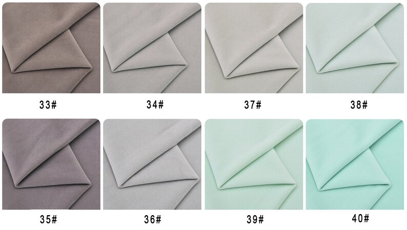 May include: Eight fabric swatches in various shades of gray and green. The swatches are folded in half and labeled with numbers 33 through 40.