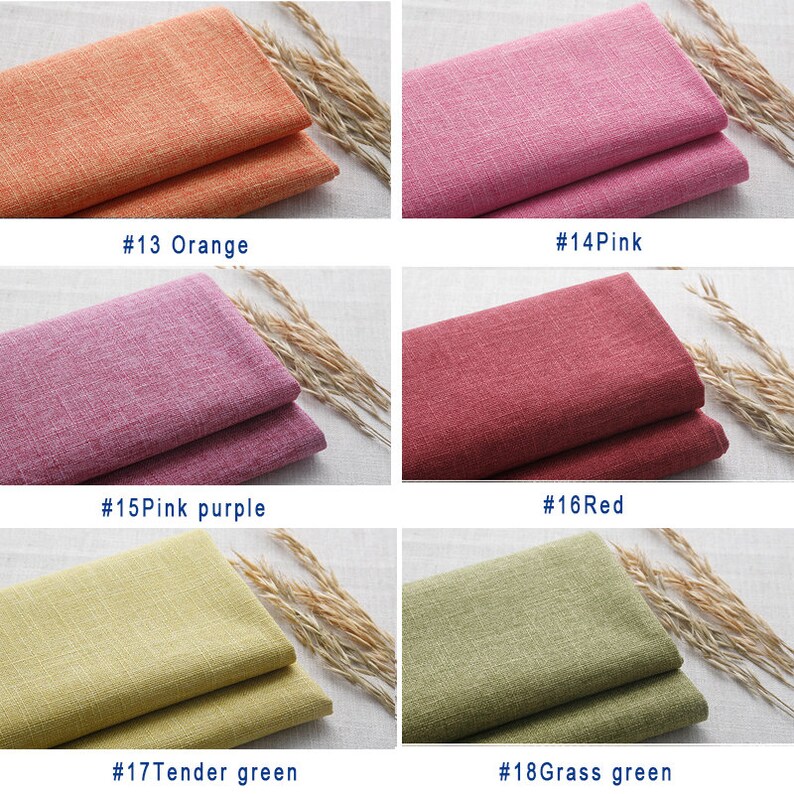 May include: Six fabric swatches in different colors: orange, pink, pink purple, red, tender green, and grass green. The fabric has a textured, linen-like appearance.