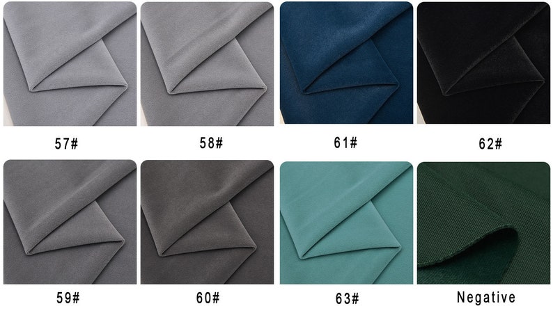 May include: Fabric swatches in various colors, including gray, blue, green, and black. The swatches are labeled with numbers, such as 57#, 58#, 61#, 62#, 59#, 60#, 63#, and Negative.