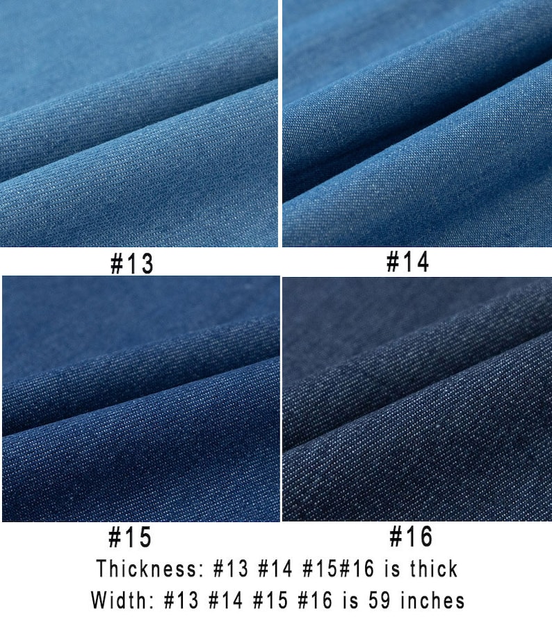 Op de afbeelding: Vier denimstofstalen, gelabeld #13, #14, #15 en #16. De tekst onder de stalen luidt "Dikte: #13 #14 #15#16 is dik" en "Breedte: #13 #14 #15 #16 is 59 inch".