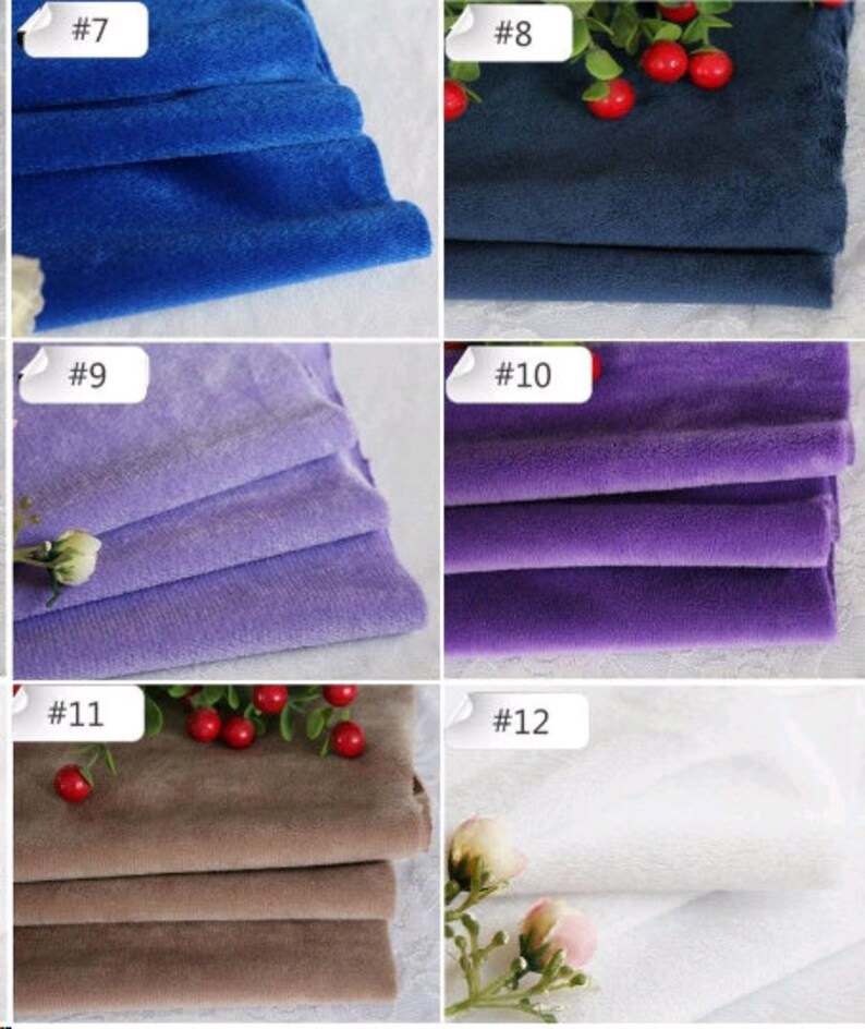 May include: Close-up of 6 different fabric swatches in various colors, including blue, purple, and brown. The swatches are folded and arranged in a grid pattern. Each swatch is labeled with a number.