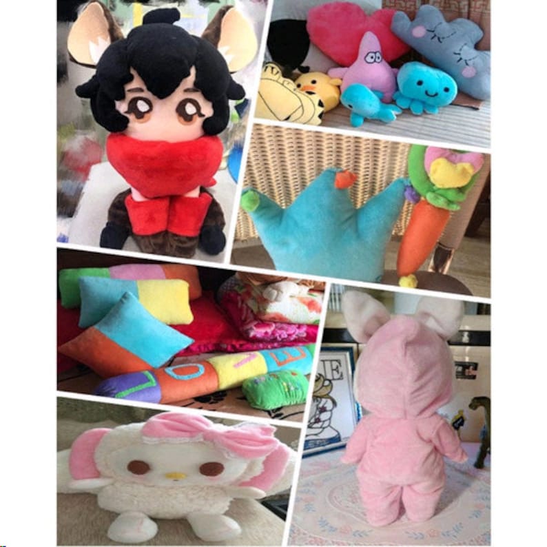May include: A collection of plush toys, including a cartoon character with black hair and a red scarf, a blue crown-shaped pillow, a pink bunny in a pink onesie, a white and pink plush toy with a bow, and a variety of other colorful plush toys.
