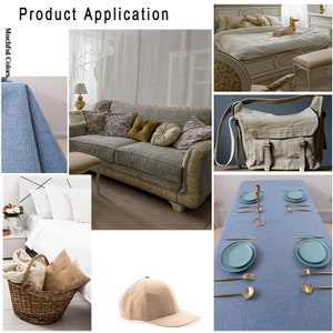 May include: A collage showing a blue textured fabric, a grey sofa with decorative pillows, a bed with a dog, a beige messenger bag, a wicker basket with pillows, a beige baseball cap, and a blue tablecloth set with plates and gold cutlery.