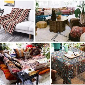 May include: A collection of colorful throw pillows with geometric patterns, arranged on a couch and a floor bed. The pillows are made of a variety of fabrics, including velvet, cotton, and linen. The pillows are a great way to add a touch of color and personality to any room.