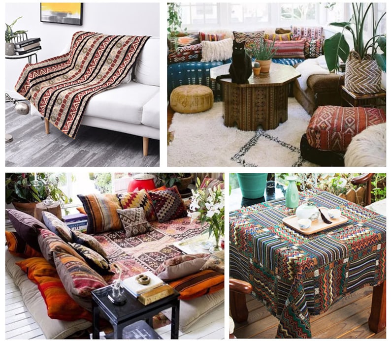May include: A collection of colorful throw pillows with geometric patterns, arranged on a couch and a floor bed. The pillows are made of a variety of fabrics, including velvet, cotton, and linen. The pillows are a great way to add a touch of color and personality to any room.