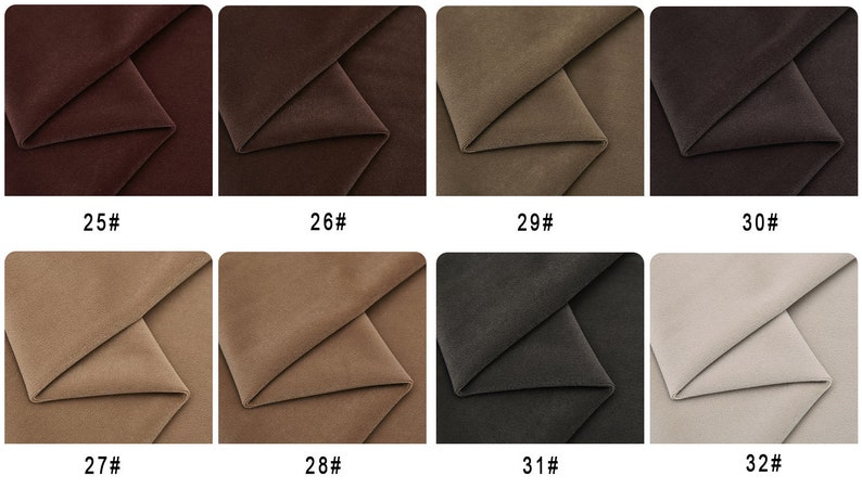May include: A collection of eight fabric swatches in various shades of brown, beige, and gray. The swatches are arranged in two rows of four, with each swatch labeled with a number.