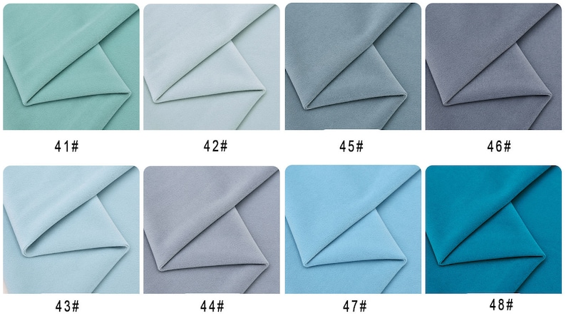 May include: Eight fabric swatches in different shades of blue and green. The swatches are labeled with numbers 41 through 48.
