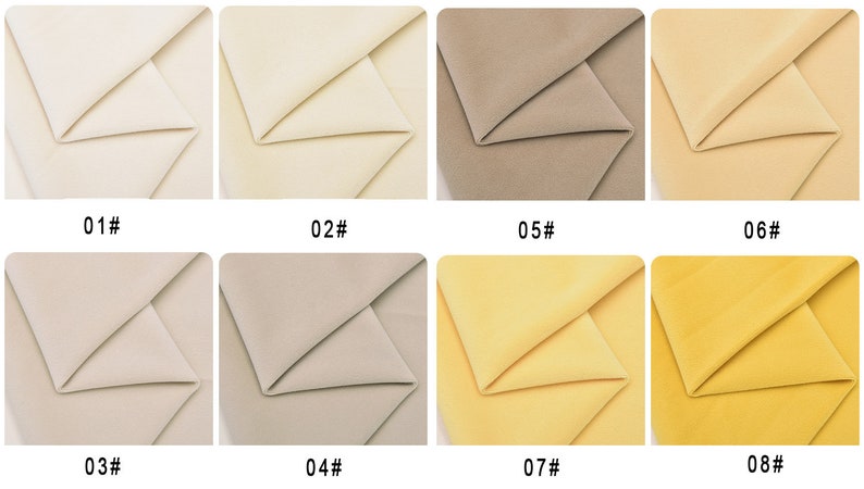 May include: Eight fabric swatches in different shades of beige and yellow. The swatches are labeled with numbers 01 through 08.