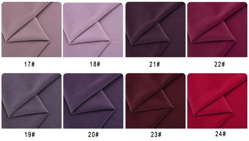 May include: Eight fabric swatches in various shades of purple, pink, and red. The swatches are arranged in two rows of four, with each swatch labeled with a number.