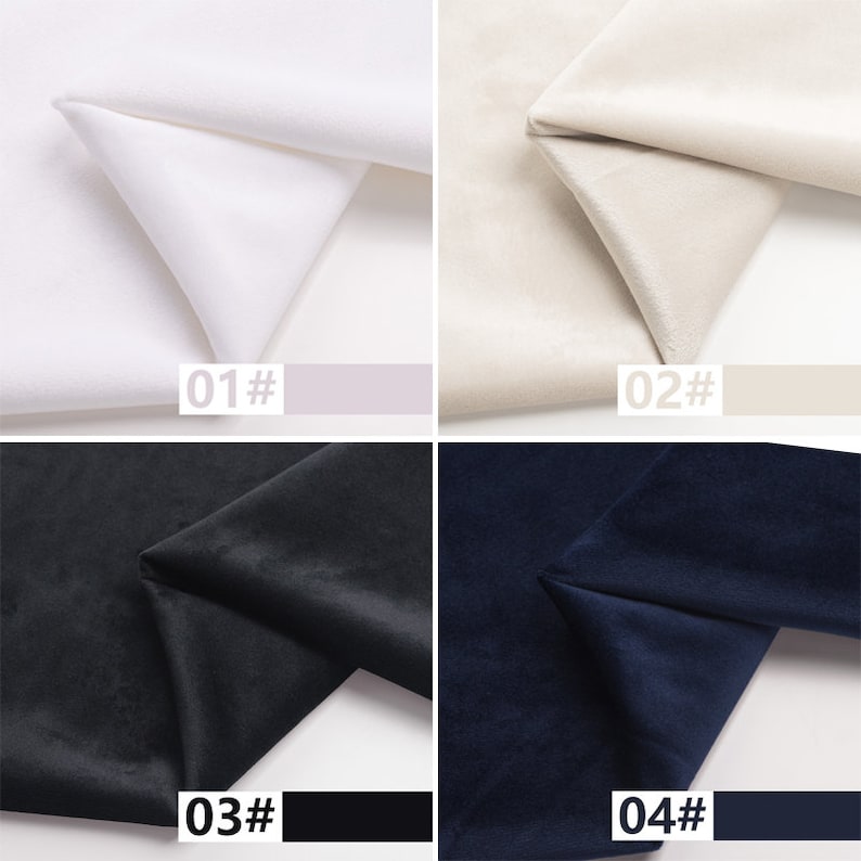 May include: Four fabric swatches in different colors: white, beige, black, and navy blue. The swatches are folded in a triangular shape and labeled with numbers 01, 02, 03, and 04.
