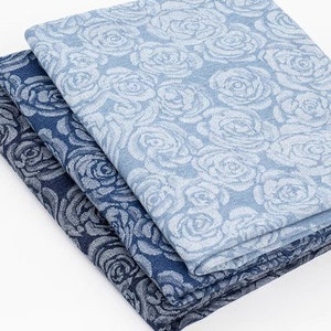 Vintage Rose Embossed Rose Jacquard Washed Denim Fabric, Cotton Denim Fabric, Blue Denim Fabric, Heavy Weight Denim, By the Half Yard
