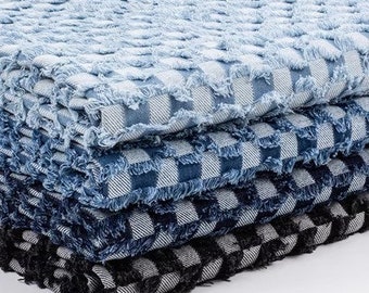 Dambordrooster franje jacquard denimstof, gewassen denimstof, katoenen denimstof, blauwe denim, zwaargewicht denim, op maat gesneden