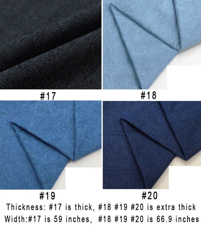 Op de afbeelding: Vier denimstofstalen in verschillende tinten blauw en zwart. De stalen zijn ge&euml;tiketteerd met #17, #18, #19 en #20. De tekst onder de stalen luidt: "Dikte: #17 is dik, #18 #19 #20 is extra dik. Breedte: #17 is 59 inch, #18 #19 #20 is 66,9 inch."