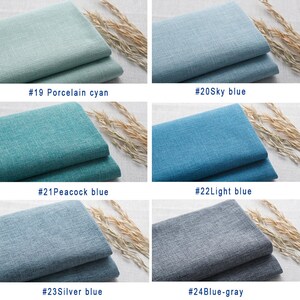 May include: Six fabric swatches in different shades of blue and gray. The swatches are arranged in two rows of three. The swatches are labeled with numbers and color names: #19 Porcelain cyan, #20 Sky blue, #21 Peacock blue, #22 Light blue, #23 Silver blue, #24 Blue-gray.