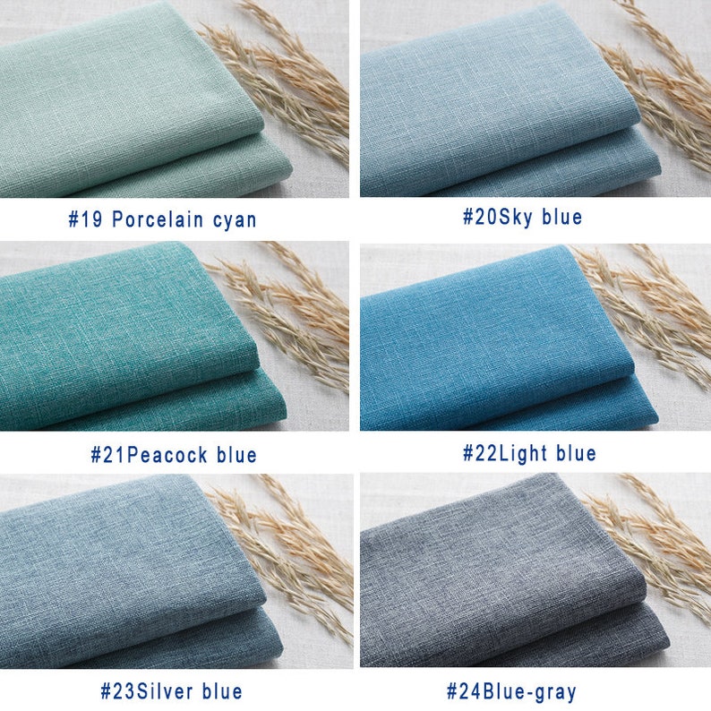 May include: Six fabric swatches in different shades of blue and gray. The swatches are arranged in two rows of three. The swatches are labeled with numbers and color names: #19 Porcelain cyan, #20 Sky blue, #21 Peacock blue, #22 Light blue, #23 Silver blue, #24 Blue-gray.