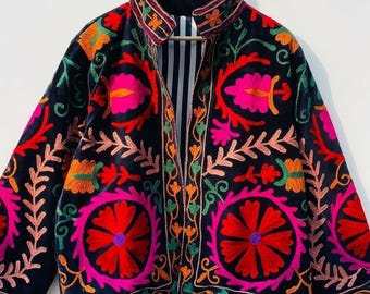 Velvet Suzani Embroidered Boho Jacket | Uzbek Floral Coat