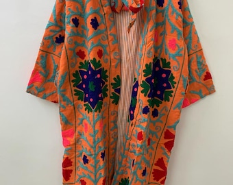 Boho Floral Suzani Embroidered Kimono |Boho Handmade Robe |Festival Kimono Jacket |Duster Velvet Robe | Ethnic Outerwear Robe |Gift For Her
