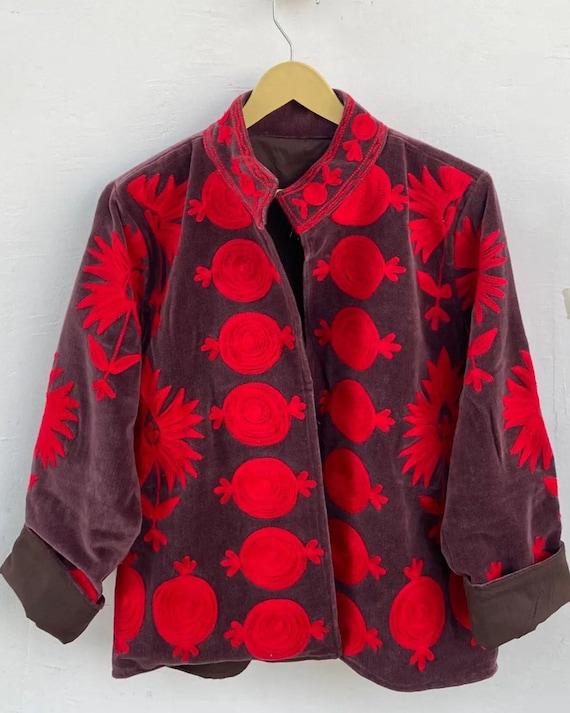 Handmade Velvet Suzani Coat | Uzbek Embroidered Bohemian Jacket