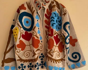 Hand-Embroidered Suzani Velvet Jacket | Boho Floral Duster Coat