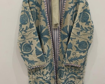 Velvet Suzani Kimono Long Robe  | Hand-Embroidered Boho Long Coat | Gift For Her | Warm Long Suzani Jacket | Long Kimono
