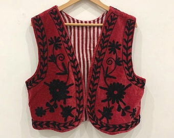 Hand-Embroidered Floral Suzani Velvet Vest | Boho Waistcoat