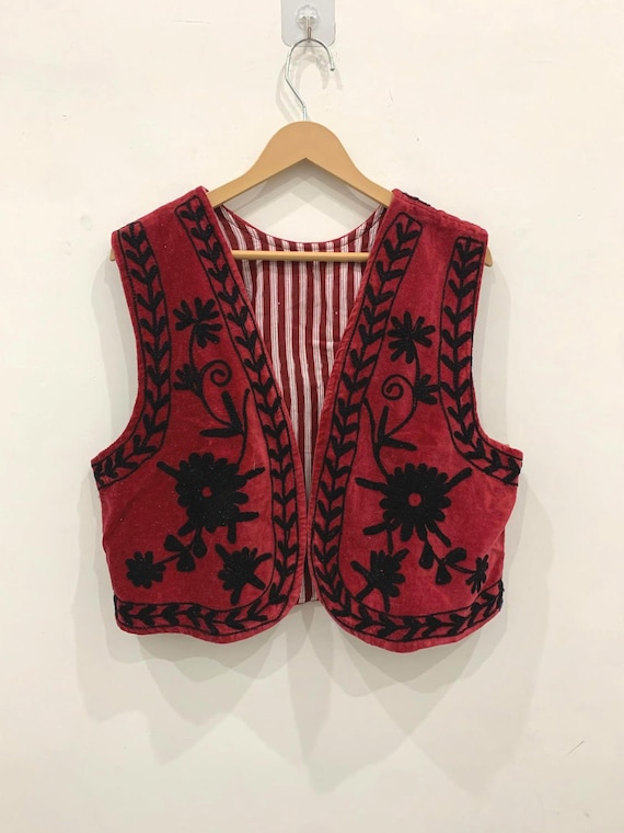 Hand-Embroidered Floral Suzani Velvet Vest | Boho Waistcoat