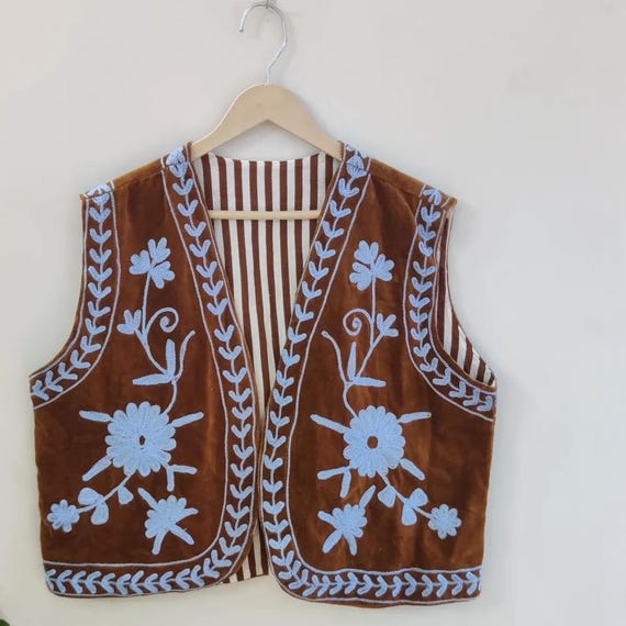 Velvet Suzani Vest Jacket | Hand-Embroidered Floral Waistcoat