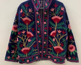 Bohemian Velvet Suzani Embroidered Jacket|  Floral Coat | Winter Velvet Suzani Jacket | Boho Short Jacket | Gift For Her