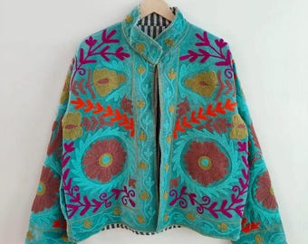 Velvet Embroidered Floral Suzani Winter Jacket | Gift For Her | Duster Coat | Street Style Outerwear | Festival Jacket | Statement Jacket