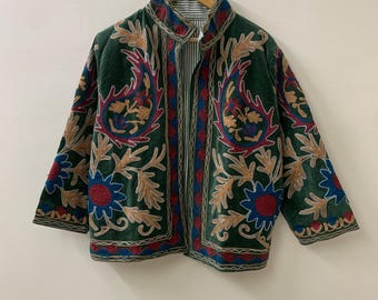 Embroidered Velvet Suzani Jacket | Boho Floral Duster Coat