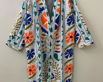 Floral Suzani Embroidered Kimono |Boho Handmade Long Robe |Festival Kimono Jacket |Duster Velvet Robe | Ethnic Outerwear Robe  |Gift For Her