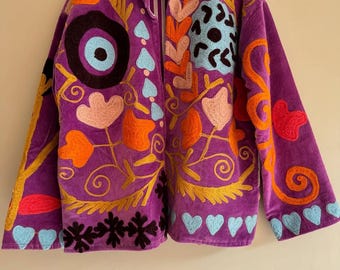 Hand Embroidered Suzani Velvet Jacket | Bohemian Floral Duster Coat